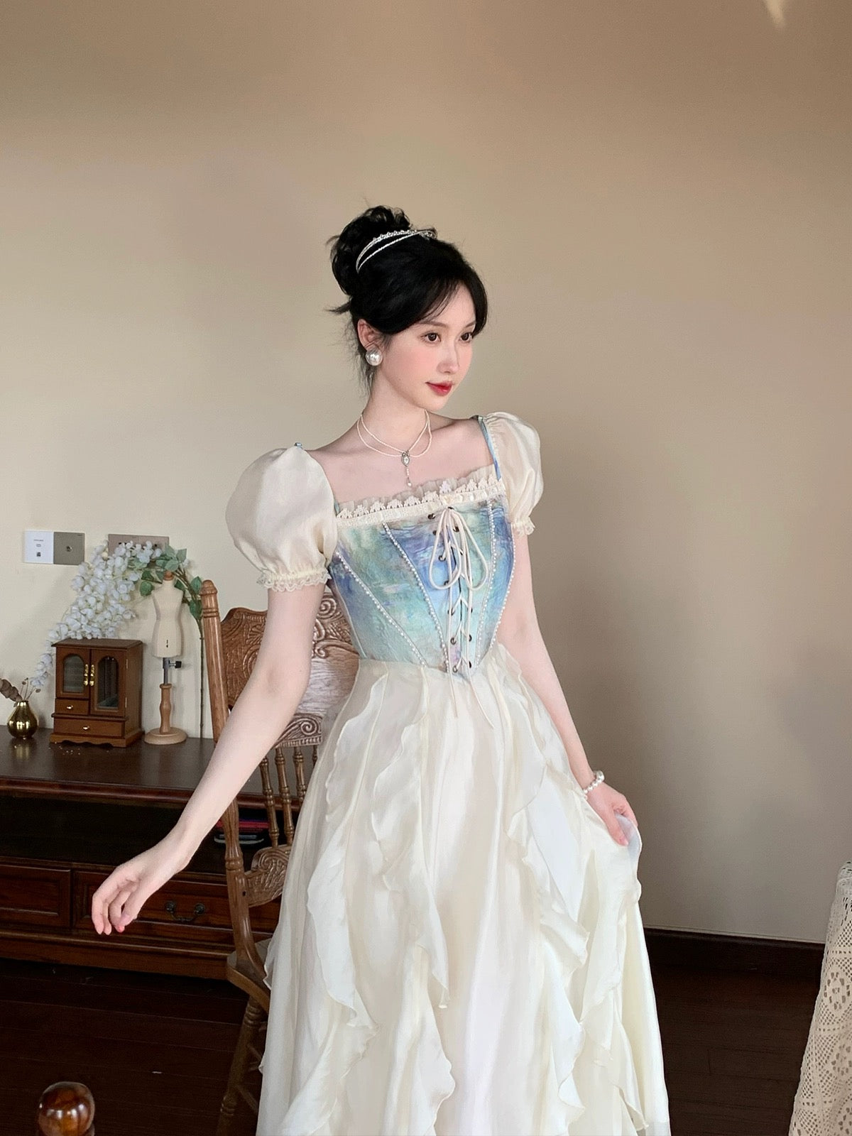 PartyYan to Alice The fugitive princess dream vacation dress bra fake two-piece ruffled long skirt