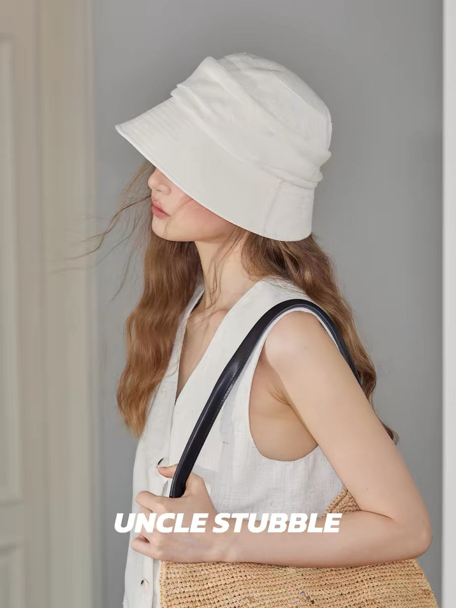 White, old-fashioned bucket hat for women, large head circumference, slimming, linen, breathable, foldable, sun protection hat.