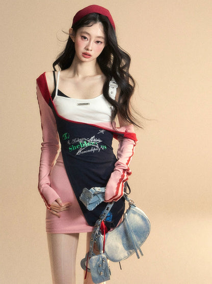 Jennifer's long-sleeved lace suspender T-shirt dress for women in summer, hot girls, slim hip skirt