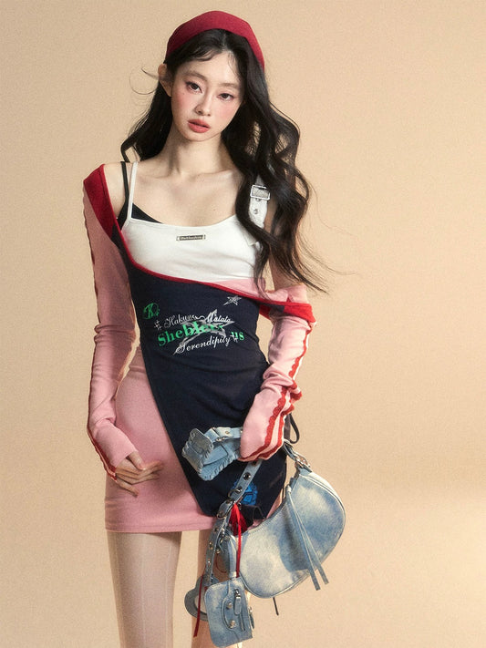 Jennifer's long-sleeved lace suspender T-shirt dress for women in summer, hot girls, slim hip skirt