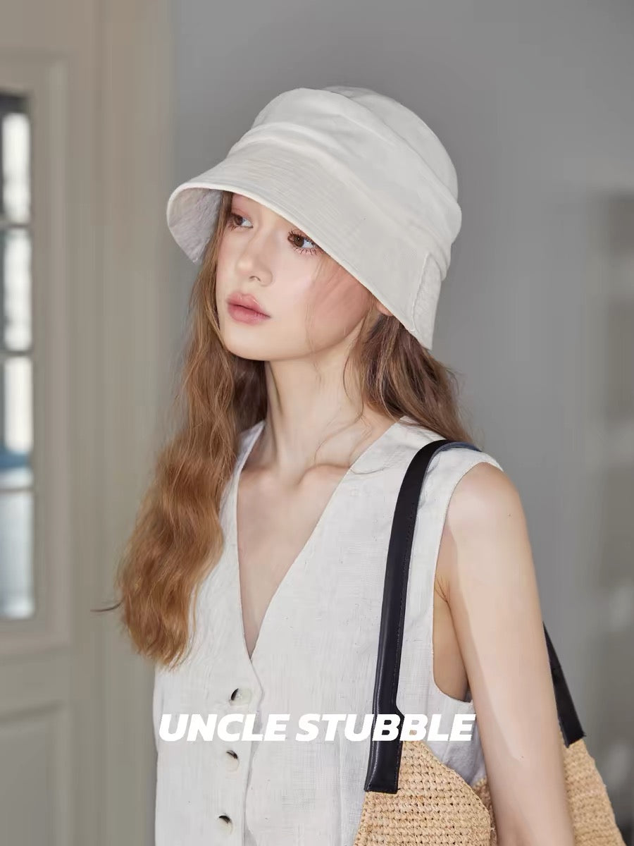 White, old-fashioned bucket hat for women, large head circumference, slimming, linen, breathable, foldable, sun protection hat.