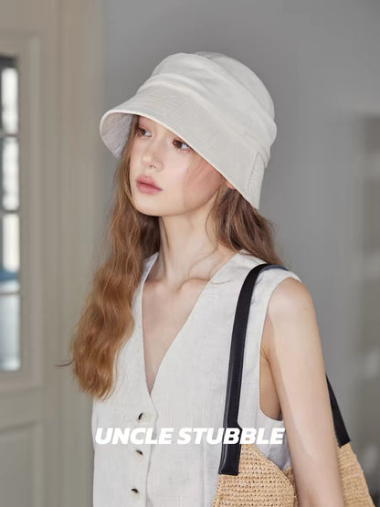 White, old-fashioned bucket hat for women, large head circumference, slimming, linen, breathable, foldable, sun protection hat.