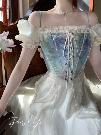 PartyYan to Alice The fugitive princess dream vacation dress bra fake two-piece ruffled long skirt