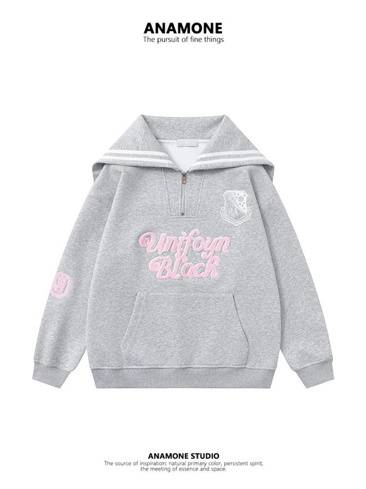 ANAMONE Japanese sweet navy collar sweatshirt women's 2025 spring design niche loose milk top