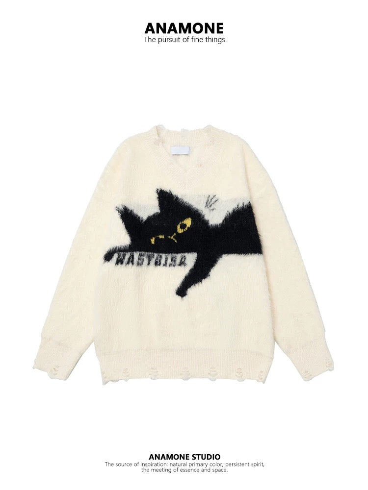 ANAMONE Japanese retro cute cat sweater women 2025 autumn loose lazy style design niche