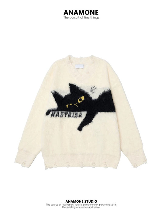 ANAMONE Japanese retro cute cat sweater women 2025 autumn loose lazy style design niche