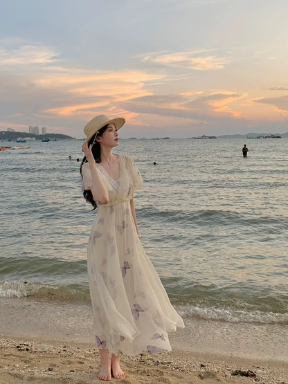 PartyYan Dream Feather Fairy Seaside Vacation Travel Photo Fantasy Tulle Floral Design Long Dress