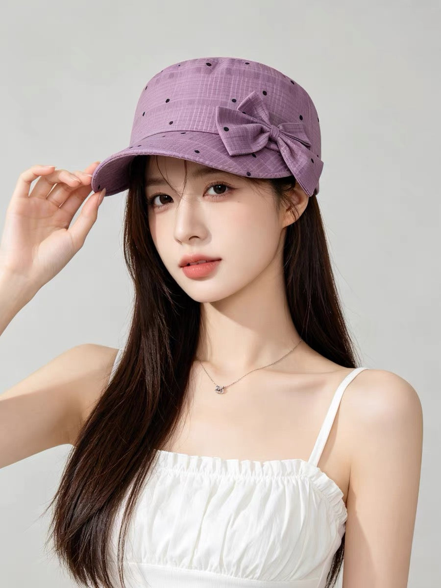 Polka dot bow equestrian cap, Korean style girly flat top baseball cap, 2026 new trendy niche newsboy cap