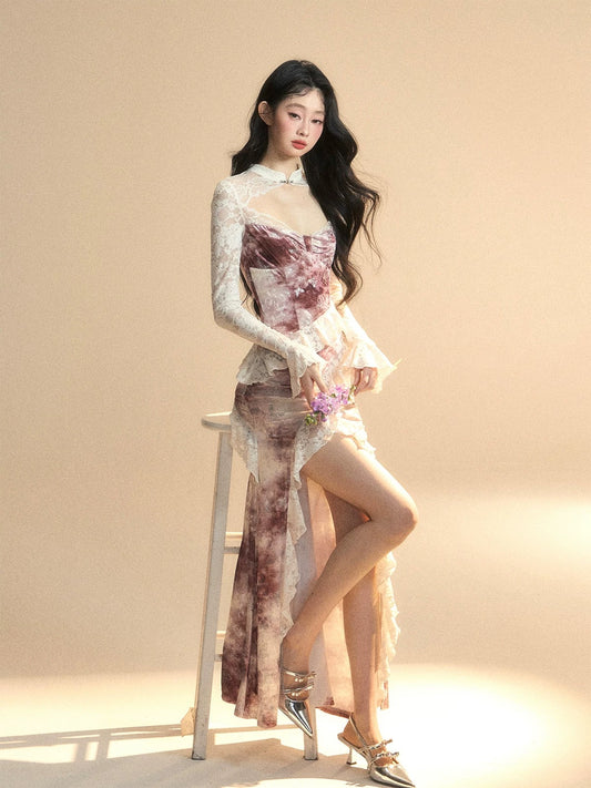 Shao Ye Yan Wan Tang Pink Sakura High-end Long Sleeve French Lace Dress Women's Summer Waist Slimming Temperament Long Dress