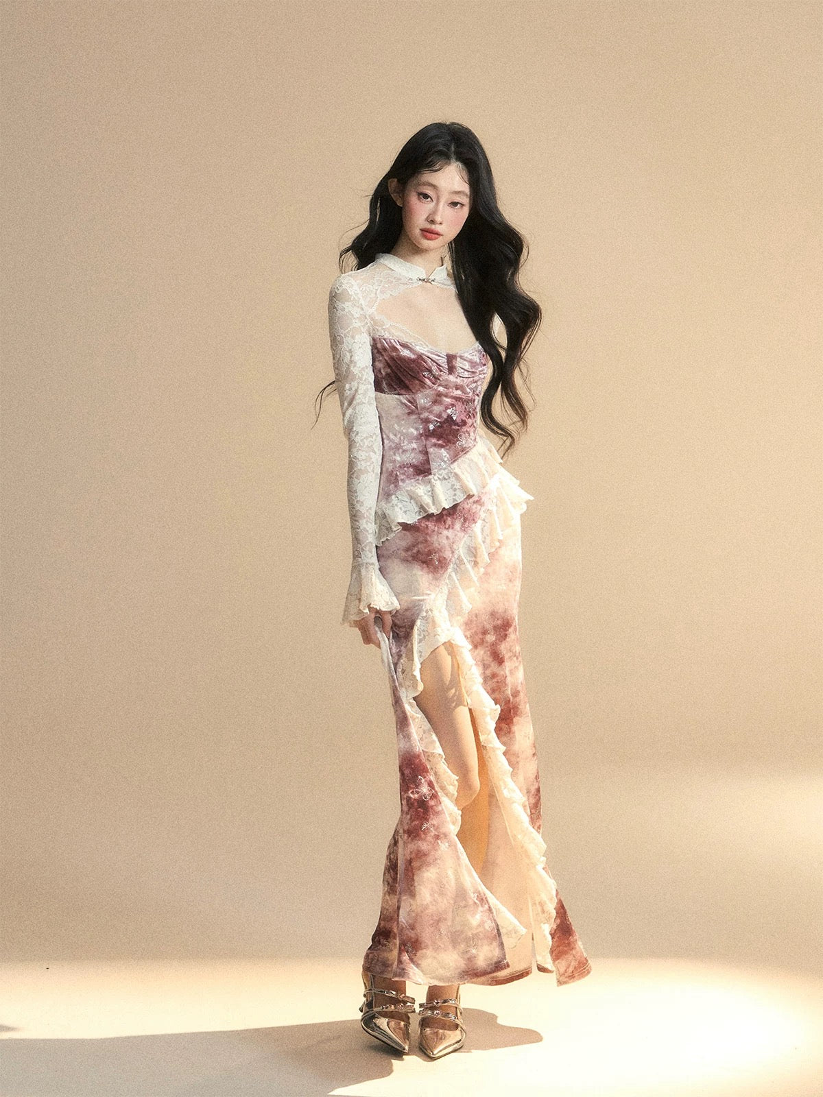 Shao Ye Yan Wan Tang Pink Sakura High-end Long Sleeve French Lace Dress Women's Summer Waist Slimming Temperament Long Dress