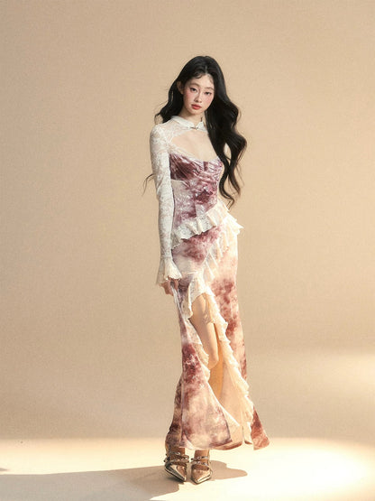 Shao Ye Yan Wan Tang Pink Sakura High-end Long Sleeve French Lace Dress Women's Summer Waist Slimming Temperament Long Dress