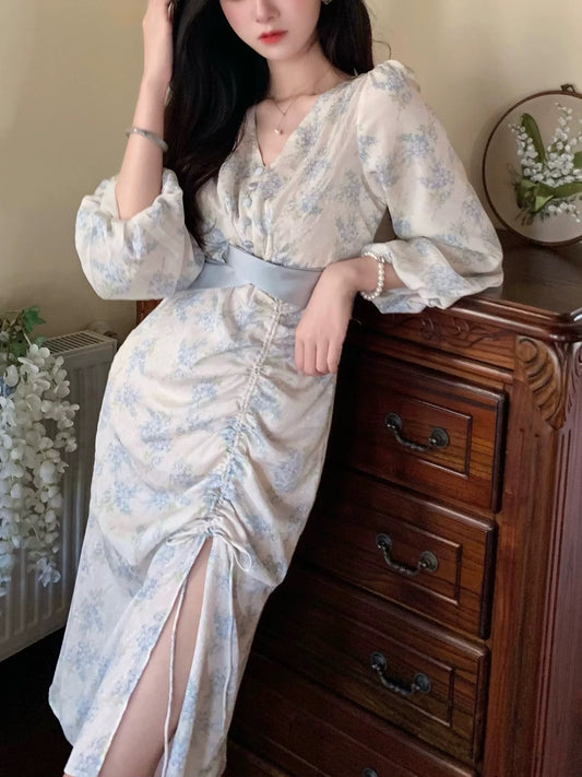 PartyYan "Blue Bell" gentle temperament and high-quality improved Hanfu waist-cinching long-sleeved dress for early autumn