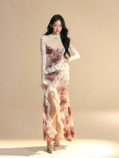 Shao Ye Yan Wan Tang Pink Sakura High-end Long Sleeve French Lace Dress Women's Summer Waist Slimming Temperament Long Dress