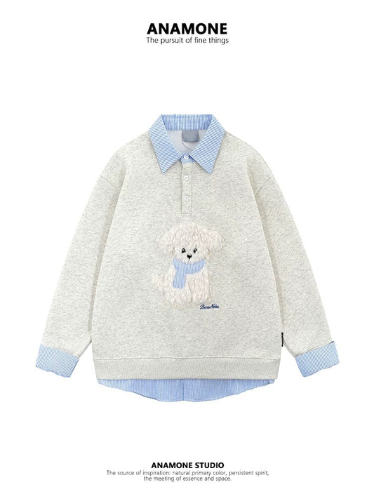 ANAMONE Sweet Puppy Embroidery Fake Two-Piece Sweatshirt Women's 2025 Spring College Style Retro Loose Top