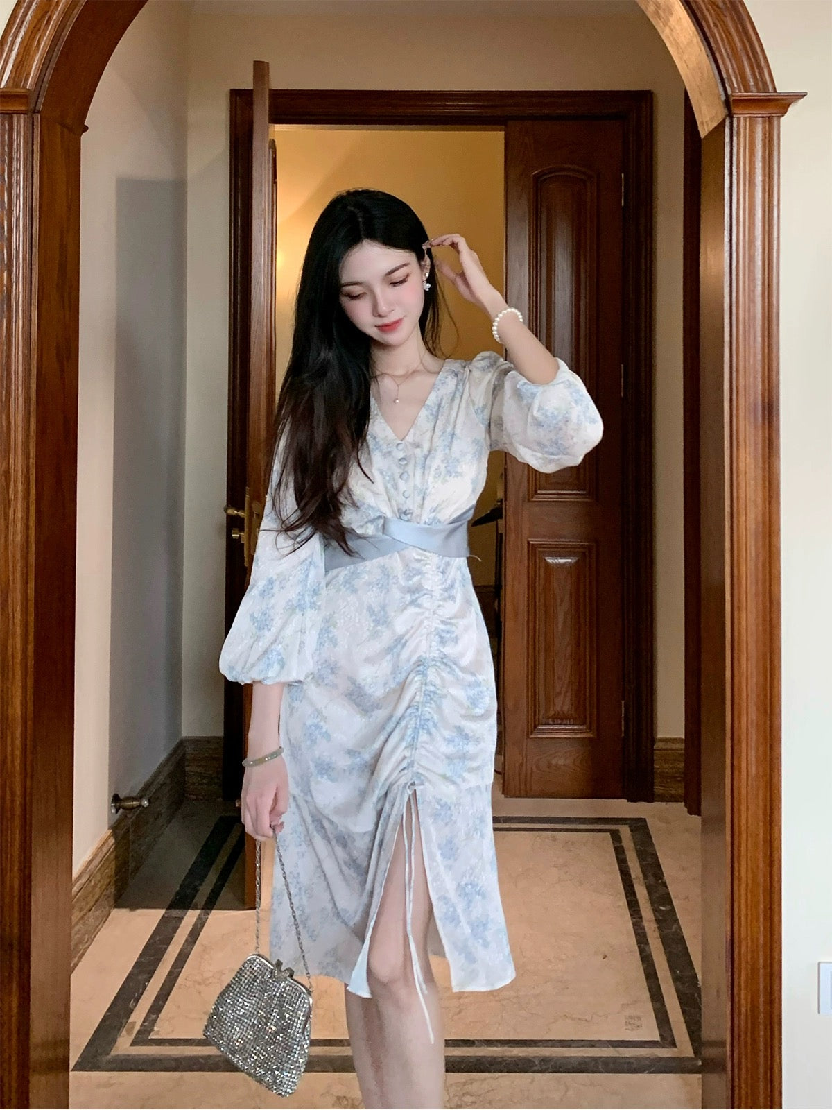 PartyYan "Blue Bell" gentle temperament and high-quality improved Hanfu waist-cinching long-sleeved dress for early autumn