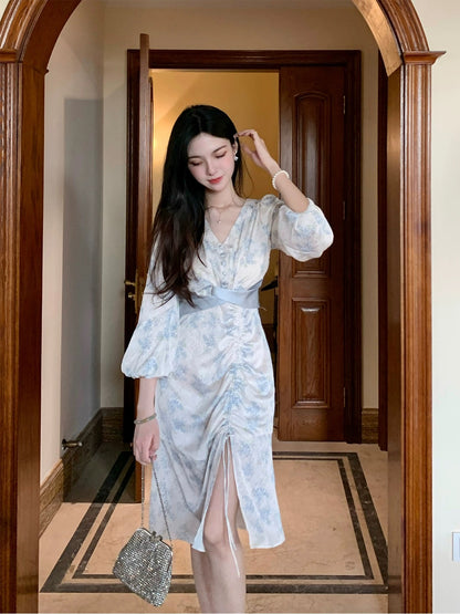 PartyYan "Blue Bell" gentle temperament and high-quality improved Hanfu waist-cinching long-sleeved dress for early autumn