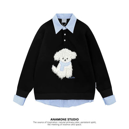 ANAMONE Sweet Puppy Embroidery Fake Two-Piece Sweatshirt Women's 2025 Spring College Style Retro Loose Top