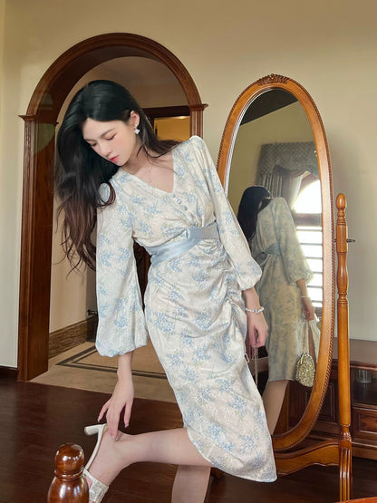 PartyYan "Blue Bell" gentle temperament and high-quality improved Hanfu waist-cinching long-sleeved dress for early autumn
