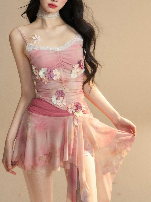 Shao Ye Yan Kyoto Sakura Paper Summer Beautiful Suit Women Summer Lace Suspender Top Slim Short Skirt Two-piece Set