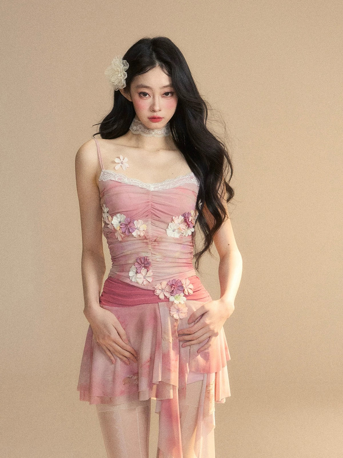 Shao Ye Yan Kyoto Sakura Paper Summer Beautiful Suit Women Summer Lace Suspender Top Slim Short Skirt Two-piece Set