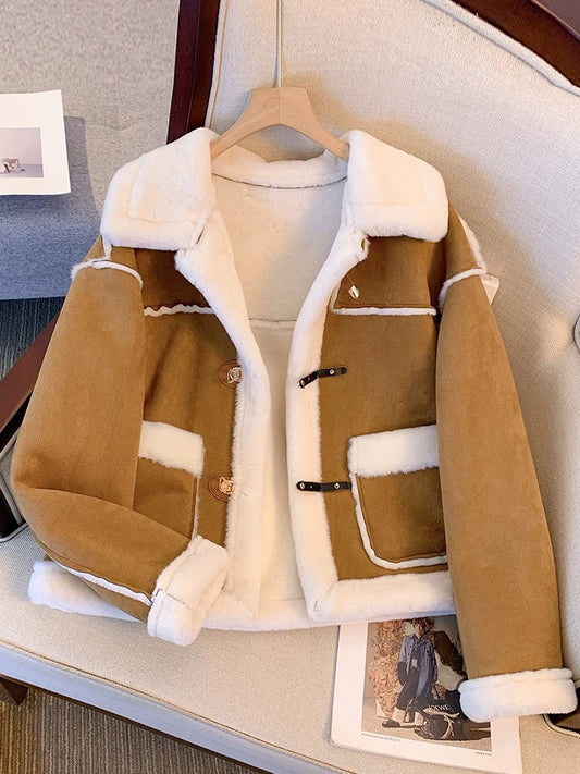 Fur one-piece jacket for women 2024 new hot style autumn and winter velvet thickened short motorcycle jacket for small women