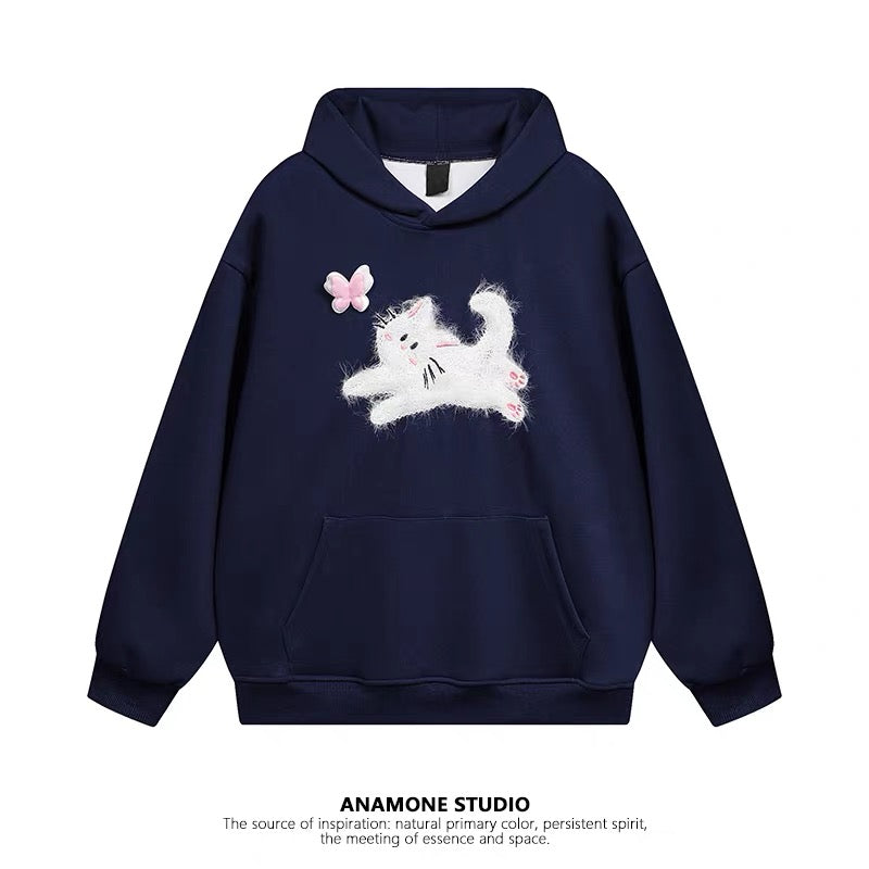 ANAMONE cute sweet cat hooded sweatshirt women's autumn 2025 new loose slim lazy style American style