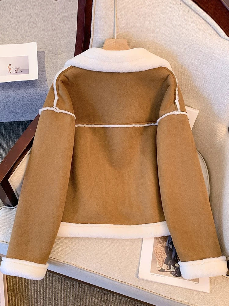 Fur one-piece jacket for women 2024 new hot style autumn and winter velvet thickened short motorcycle jacket for small women