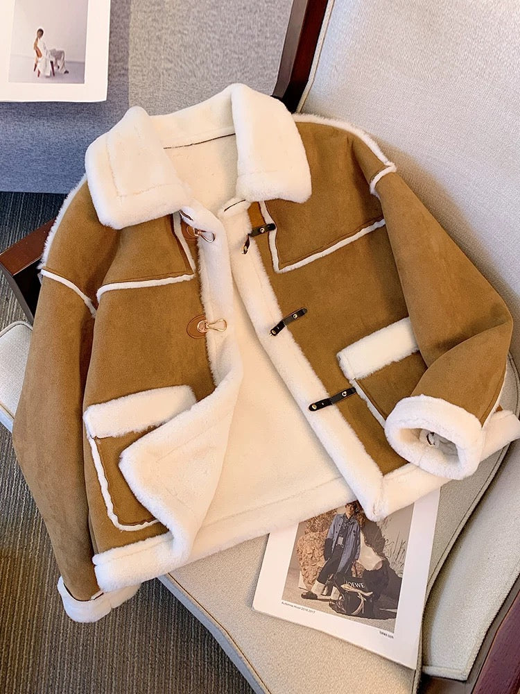 Fur one-piece jacket for women 2024 new hot style autumn and winter velvet thickened short motorcycle jacket for small women