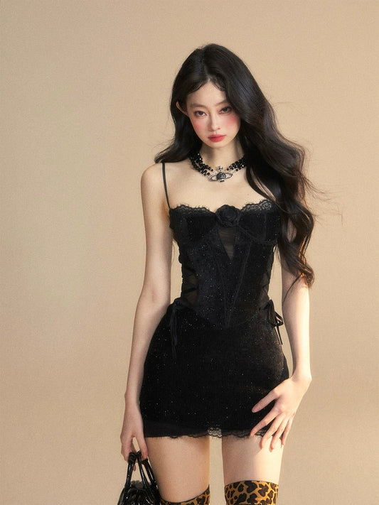 Shao Yeyan Nellie Sweet Wine One Shoulder French Lace Suspender Dress Women's Summer Waist Slimming Hip Short Skirt