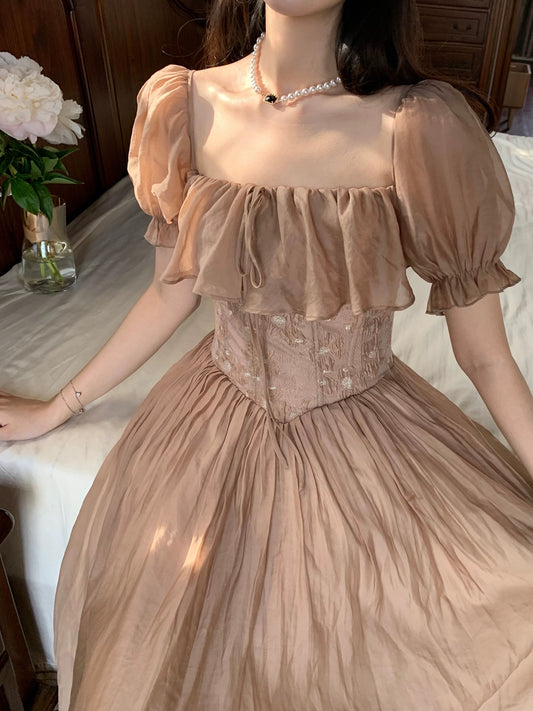 PartyYan Earl Oolong Baroque jacquard palace style Tencel fishbone high-end waist dress summer