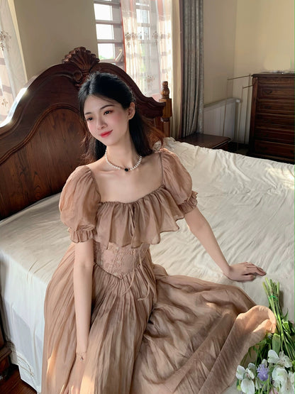 PartyYan Earl Oolong Baroque jacquard palace style Tencel fishbone high-end waist dress summer