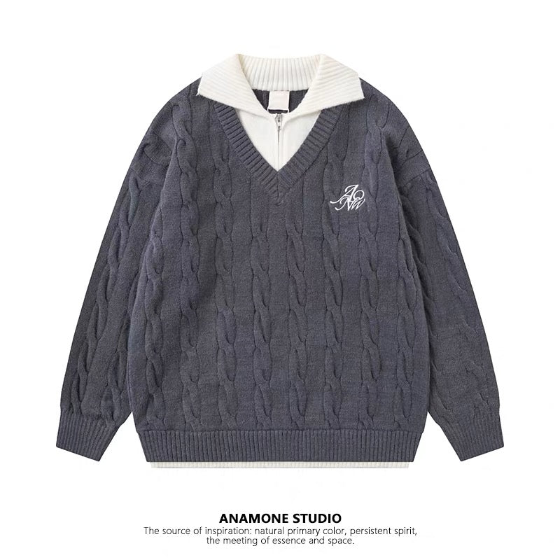ANAMONE Retro College Style Fake Two-Piece Sweater Women 2025 Winter Design Niche Loose Lazy Style