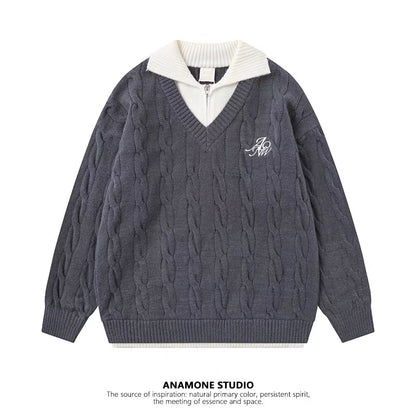 ANAMONE Retro College Style Fake Two-Piece Sweater Women 2025 Winter Design Niche Loose Lazy Style