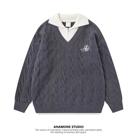 ANAMONE Retro College Style Fake Two-Piece Sweater Women 2025 Winter Design Niche Loose Lazy Style