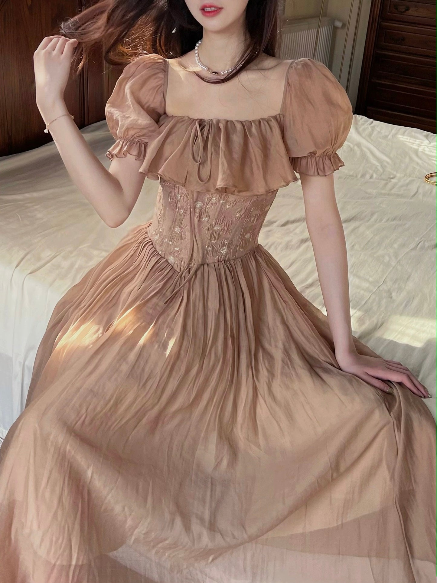 PartyYan Earl Oolong Baroque jacquard palace style Tencel fishbone high-end waist dress summer