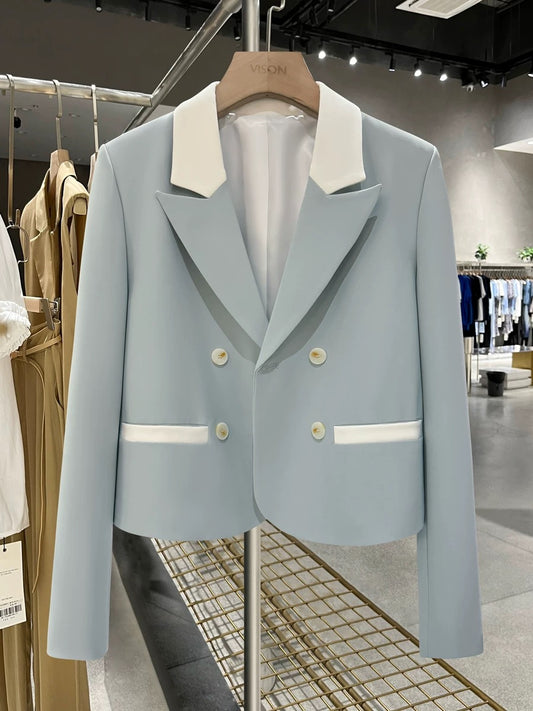 White and blue contrast stitching Korean style age-reducing suit jacket for women 2024 new spring and autumn British style small suit