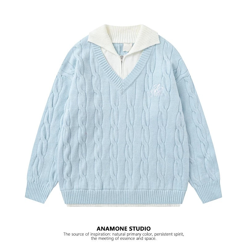 ANAMONE Retro College Style Fake Two-Piece Sweater Women 2025 Winter Design Niche Loose Lazy Style