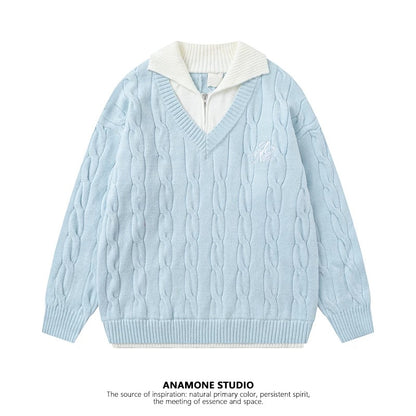 ANAMONE Retro College Style Fake Two-Piece Sweater Women 2025 Winter Design Niche Loose Lazy Style