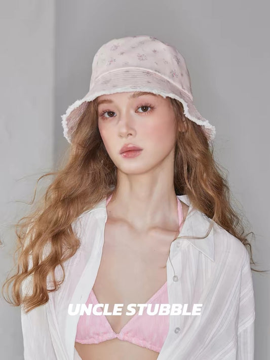Light pink Korean style bucket hat for girls, sweet and cute, with frayed edges, perfect for sun protection.