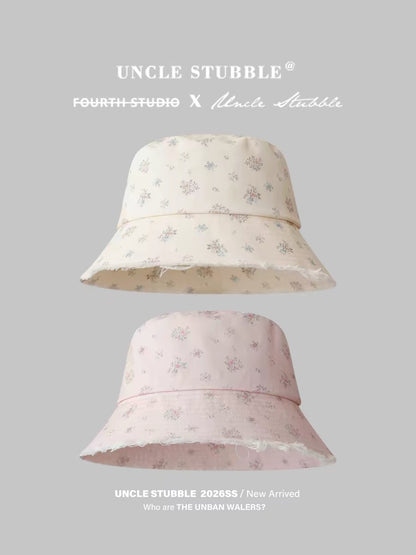 Light pink Korean style bucket hat for girls, sweet and cute, with frayed edges, perfect for sun protection.