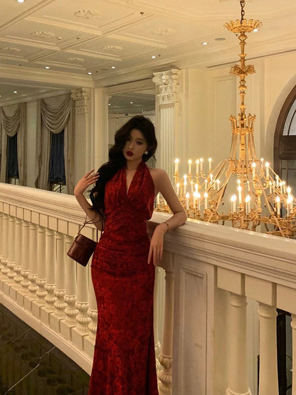 Ge Fuwen Red Printed Halter Neck Dress Women 2025 New Style Pure Sexy Temperament Slim Fit Hip Long Dress
