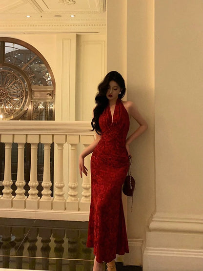 Ge Fuwen Red Printed Halter Neck Dress Women 2025 New Style Pure Sexy Temperament Slim Fit Hip Long Dress