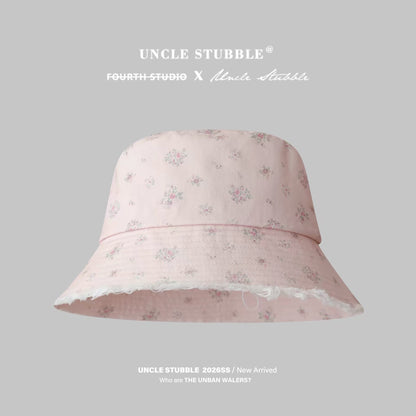 Light pink Korean style bucket hat for girls, sweet and cute, with frayed edges, perfect for sun protection.
