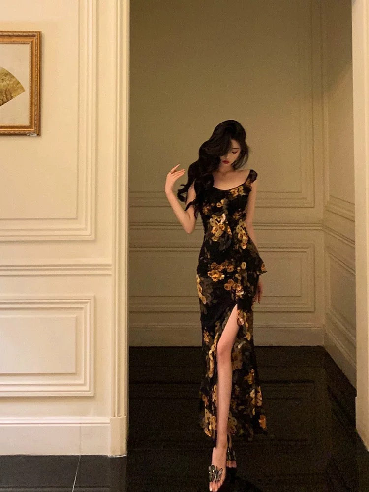 Ge Fuzhen ruffled floral suspender dress female 2025 new French temperament slit waist long skirt