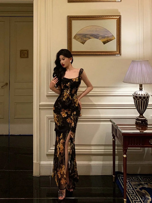 Ge Fuzhen ruffled floral suspender dress female 2025 new French temperament slit waist long skirt