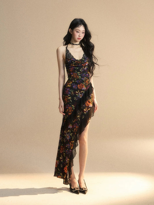 Shao Ye Yan Wine Smoked Wild Rose French Floral Suspender Dress Women's Summer Waist Slim Chiffon Fishtail Skirt Long Skirt