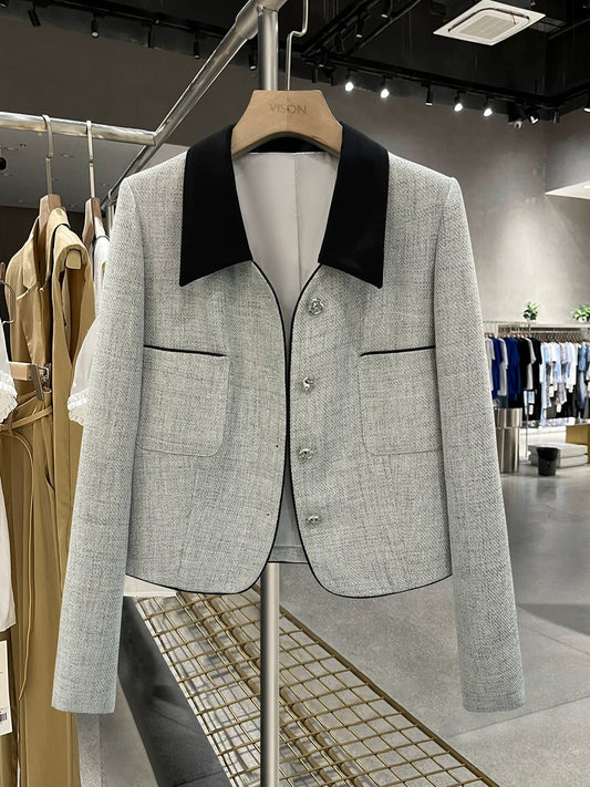 Gray small fragrant style contrasting color splicing suit jacket for women 2024 new spring and autumn light luxury exquisite super good-looking suit
