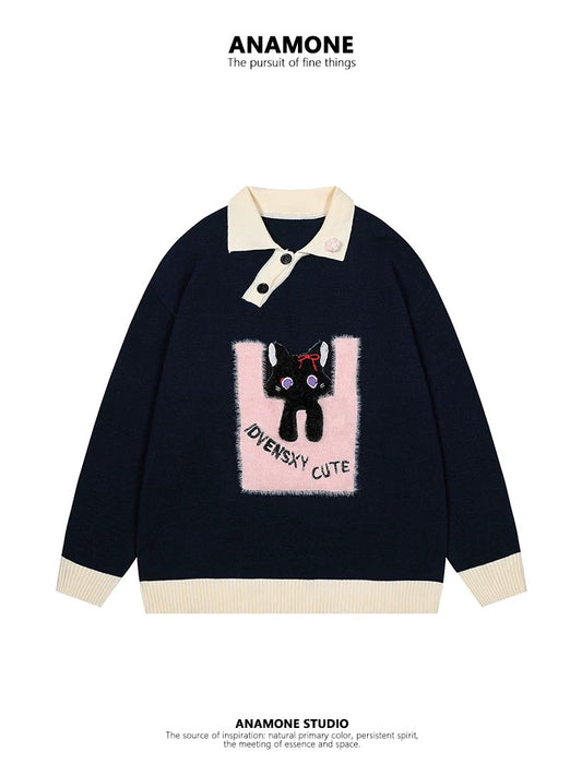 ANAMONE sweet style cute cat polo collar sweater women autumn and winter loose lazy soft design niche