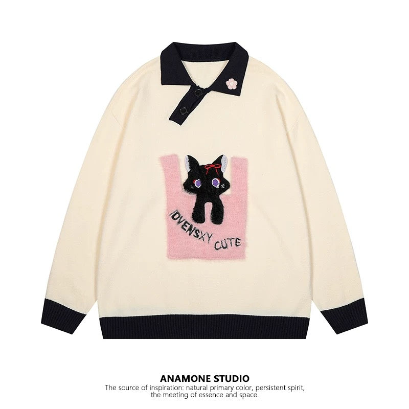 ANAMONE sweet style cute cat polo collar sweater women autumn and winter loose lazy soft design niche