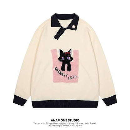 ANAMONE sweet style cute cat polo collar sweater women autumn and winter loose lazy soft design niche